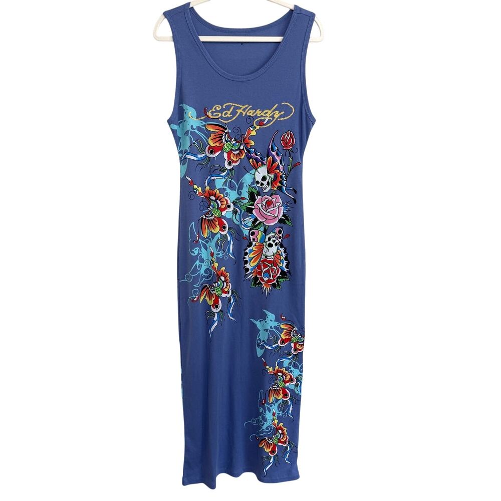 Ed Hardy Ribbed Tank Dress XL Blue Y2K Graphic Art Tattoo Butterfly Roses Skull